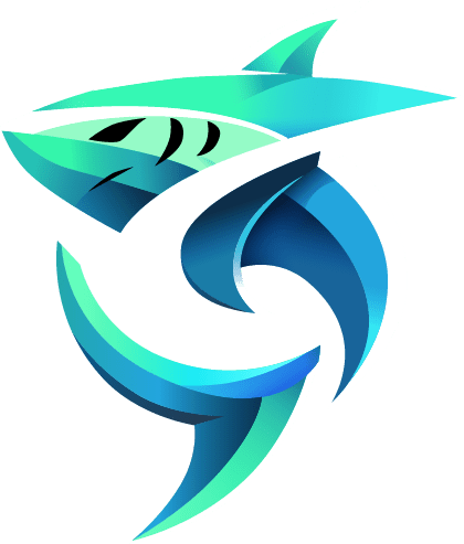 Stylized illustration of a shark in shades of blue and green, depicted with bold curved lines and abstract shapes.